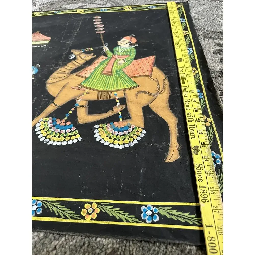 Vintage Indian Batik Black Cotton Wall Hanging Hand painted Elephants 28x60” Art